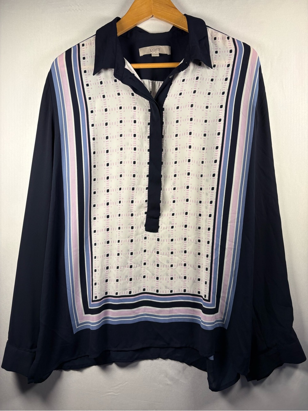 LOFT Women’s Navy White Pink Polka Dot Striped Collard Long Sleeve Blouse SZ XL